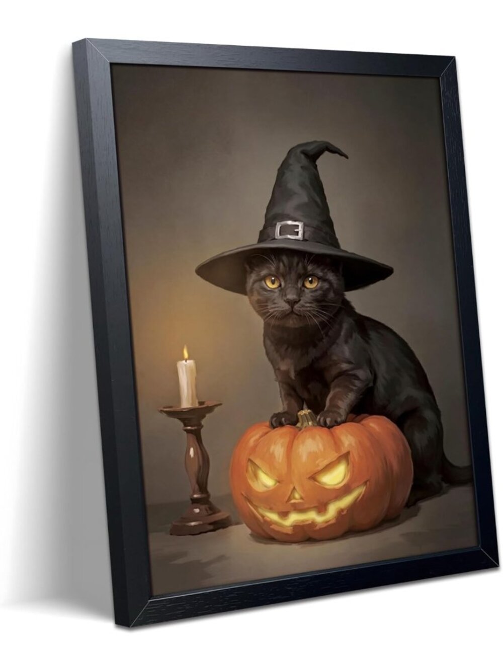 Black Cat Pumpkin Canvas Art Print - Cute Gothic Halloween Wall Decor 16x24